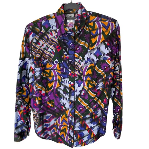 Vintage Roughrider Circle T Southwestern Print Western Button Up Shirt Small - Picture 1 of 3